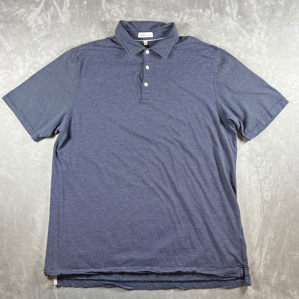 Peter Millar Mens XL Polo Shirt Navy Blue White Micro Stripe Pima Cotton Silk